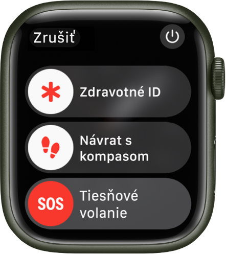 Obrazovka Apple Watch zobrazujúca tri prepínače: Zdravotné ID, Návrat s kompasom a Tiesňové volanie. Vpravo hore sa nachádza tlačidlo napájania.