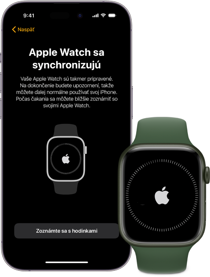 iPhone a Apple Watch zobrazujúce obrazovky synchronizácie.