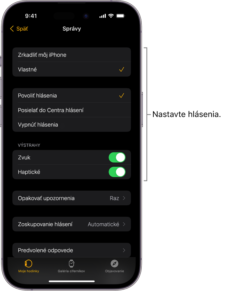 Nastavenia Správy v aplikácii Apple Watch na iPhone. Môžete sa rozhodnúť, či chcete zobraziť upozornenia, zapnúť zvuk, zapnúť haptickú odozvu alebo opakovať upozornenia.
