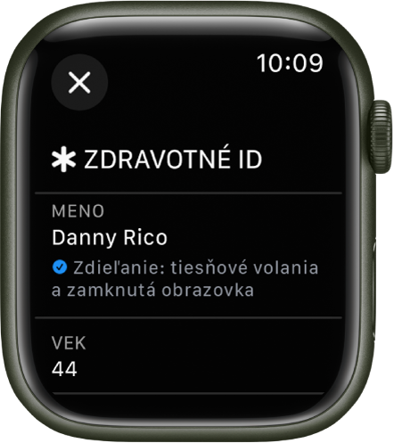 Obrazovka Zdravotné ID na hodinkách Apple Watch s menom a vekom užívateľa. Pod menom je znak zaškrtnutia, čo znamená, že Zdravotné ID sa zdieľa na zamknutej obrazovke. Vľavo hore je tlačidlo Zavrieť.