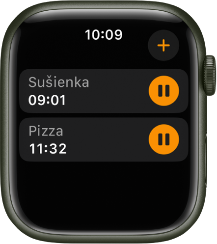 Dva časovače v apke Časovače. V hornej časti je časovač s názvom „Cookies“. Pod ním je časovač s názvom „Pizza“. Každý z časovačov zobrazuje pod svojím názvom zostávajúci čas a napravo tlačidlo pozastavenia. Vpravo hore sa nachádza tlačidlo Pridať.