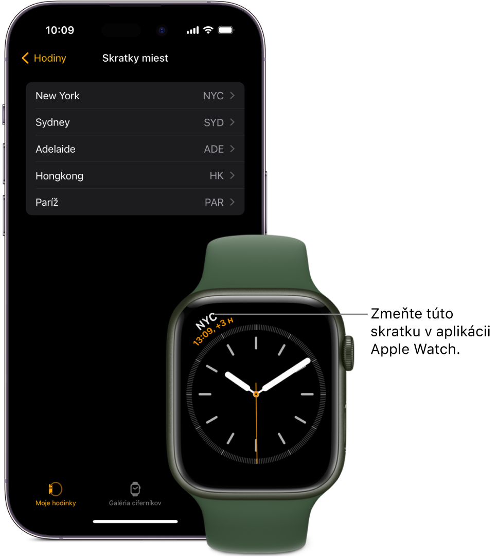 iPhone a hodinky Apple Watch položené vedľa seba. Na obrazovke hodiniek Apple Watch sa zobrazuje čas v New Yorku, uvedený pod skratkou NYC. Na obrazovke iPhonu sa zobrazuje zoznam miest v nastaveniach Hodiny v apke Apple Watch.