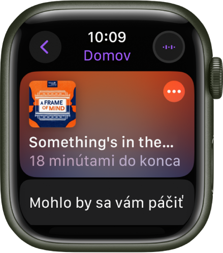 Apka Podcasty na hodinkách Apple Watch zobrazujúca obrazovku Domov s obalom podcastu. Klepnutím na obal spustíte prehrávanie epizódy.
