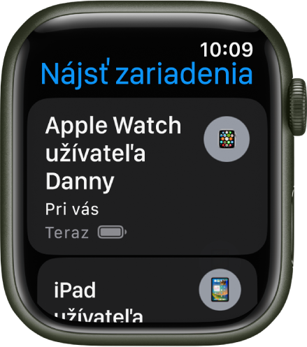 Apka Nájsť zariadenia zobrazujúca dve zariadenia – hodinky Apple Watch a iPad.