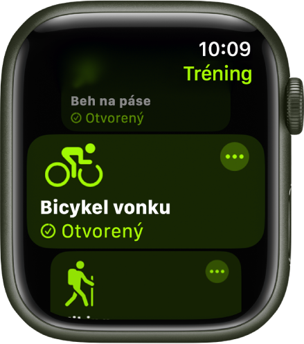 Obrazovka apky Tréning so zvýrazneným tréningom Bicyklovanie. Vpravo hore na dlaždici tréningu sa nachádza tlačidlo Viac.