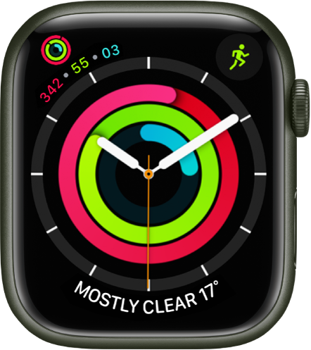Številčnica s prikazom analogne ure in aktivnosti, ki prikazuje čas, kot tudi napredek pri premikanju, vadbi in stanju na nogah. Vidni so tudi trije pripomočki: Activity (Aktivnost) zgoraj levo, Workout (Vadba) zgoraj desno in Weather Conditions (Vremenske razmere) spodaj.