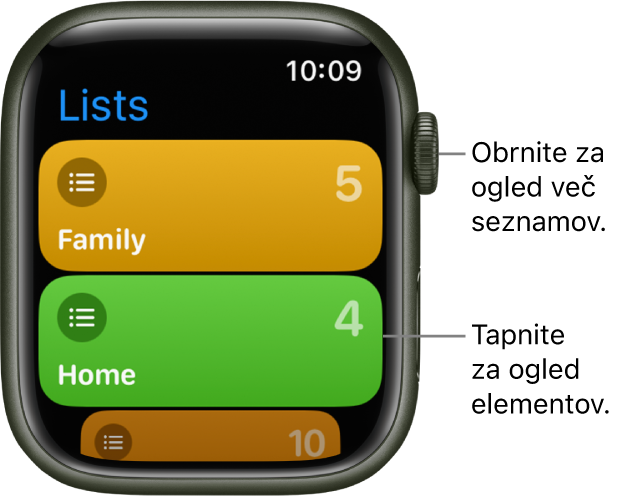 Zaslon Reminders (Opomniki) v aplikaciji Reminder (Opomnik) prikazuje dva gumba seznama – Family (Družina) in Home (Dom). Številke na desni strani vam povedo, koliko opomnikov je na vsakem posameznem seznamu. Tapnite seznam za ogled njegovih elementov ali zavrtite gumb Digital Crown za ogled več seznamov.