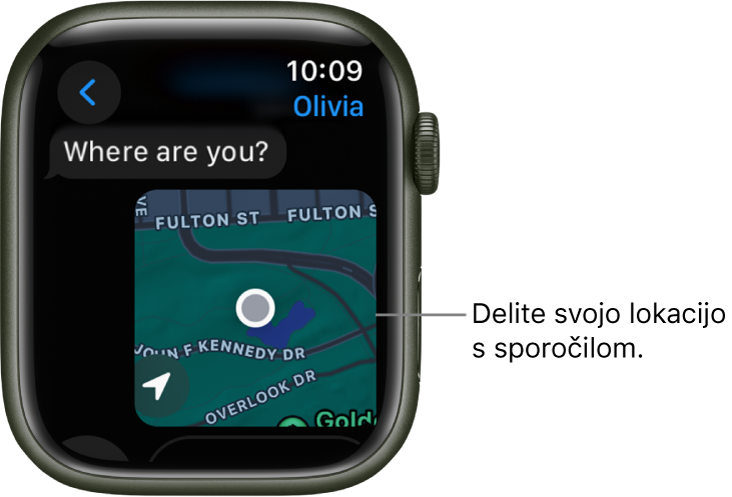 Aplikacija Messages (Sporočila), ki prikazuje zemljevid z označeno lokacijo osebe.