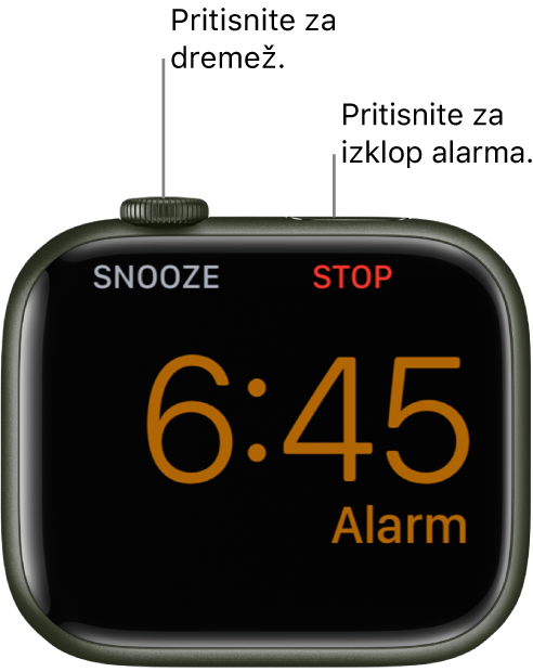 Apple Watch, postavljen na bok, z zaslonom, ki prikazuje alarm, ki se je sprožil. Pod Digital Crown je beseda »Snooze«. Beseda "Stop" je pod stranskim gumbom.