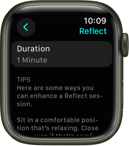 Zaslon aplikacije Mindfulness (Čuječnost) na vrhu prikazuje eno minuto. Spodaj so nasveti za izboljšanje seje Reflect (Odražanje).