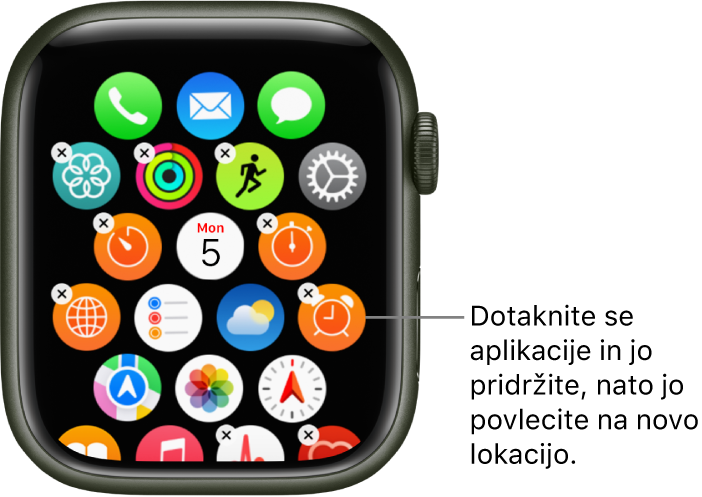 Zaslon Home (Domov) ure Apple Watch z aplikacijami v mreži.