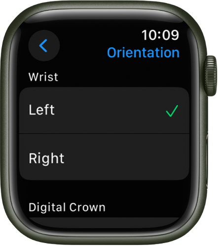 Zaslon Orientation (Usmerjenost) v uri Apple Watch. Izberete lahko nastavitve za zapestje in gumb Digital Crown.
