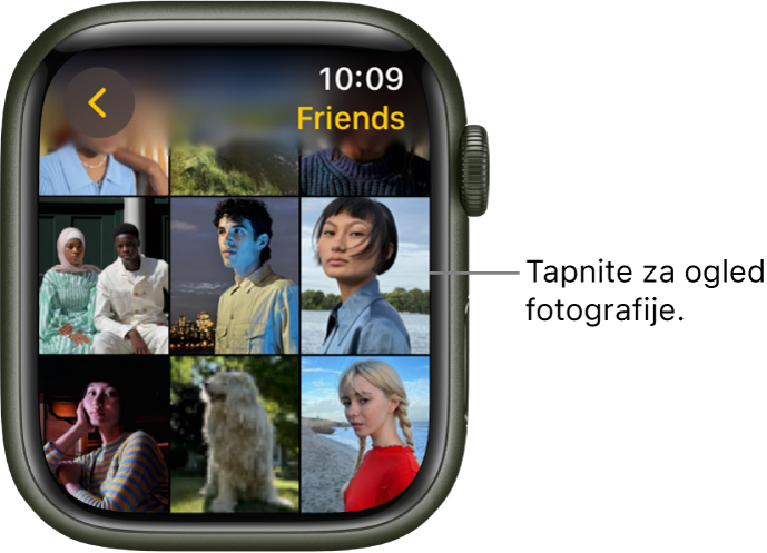 Glavni zaslon aplikacije Photos (Fotografije) v uri Apple Watch, ki prikazuje mrežo slik.
