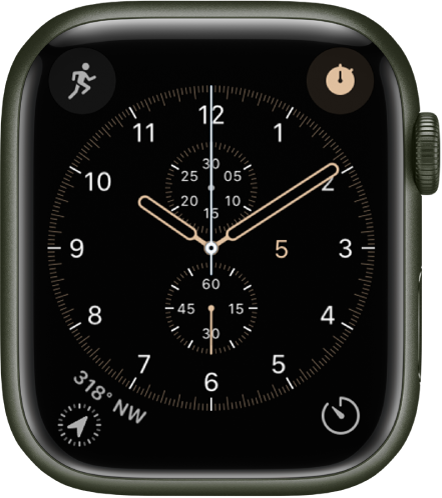 Številčnica v obliki Chronograph, kjer lahko prilagodite barvo in podrobnosti številčnice. Pripomočki na njej: Workout (Vadba) zgoraj levo, Stopwatch (Štoparica) zgoraj desno, Compass (Kompas) spodaj levo in Timer (Časovnik) spodaj desno.
