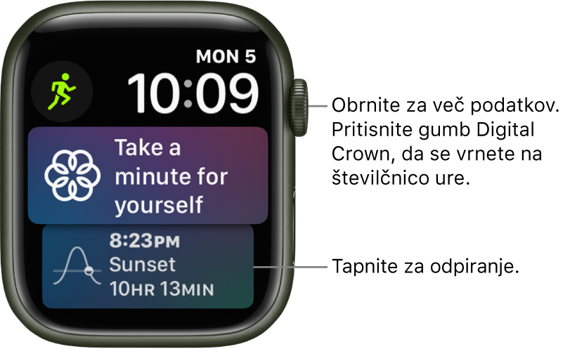 Številčnica Siri, ki prikazuje datum in čas zgoraj desno. V zgornjem levem kotu je prikazan pripomoček Workout (Vadba). Spodaj je pripomoček Mindfulness (Čuječnost). Spodaj desno je prikazan pripomoček Sunrise/Sunset (Sončni vzhod/sončni zahod).