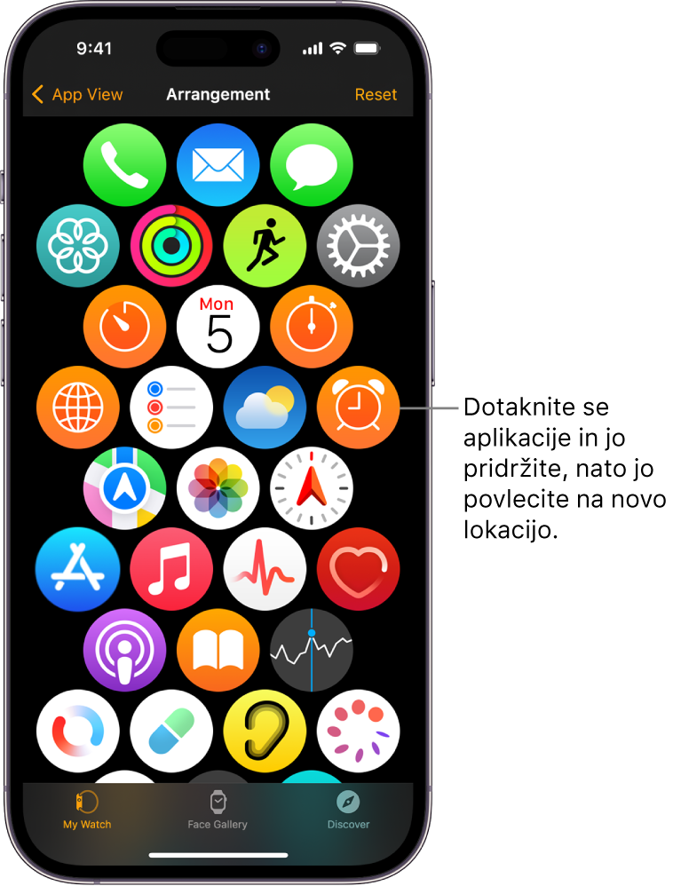 Zaslon Arrangement (Razporeditev) v aplikaciji Apple Watch, ki prikazuje mrežo ikon.