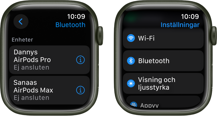 Två skärmar sida vid sida. Till vänster visas en skärm med en lista över två tillgängliga Bluetooth-enheter: AirPods Pro och AirPods Max, inga är anslutna. Till höger finns skärmen Inställningar med knappar för Wi-Fi, Bluetooth, Visning och ljusstyrka samt appvy i en lista.