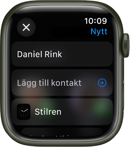 Apple Watch-skärmen med ett meddelande om delning av urtavlan och mottagarens namn högst upp. Nedanför finns knappen Lägg till kontakt och namnet på urtavlan.