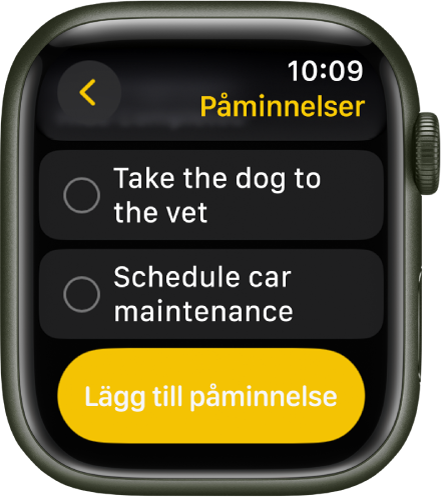Appen Påminnelser visar två påminnelser. Påminnelserna är nära överkanten på skärmen och nedanför visas knappen Lägg till påminnelse.