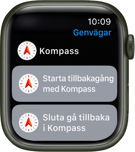 Appen Genvägar på Apple Watch visar två Kompass-genvägar: Starta Gå tillbaka med kompass och Stoppa Gå tillbaka med kompass.
