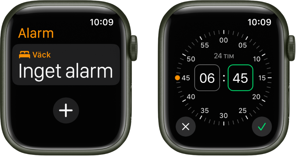 Två urtavlor som visar hur du lägger till ett alarm: Tryck på Nytt alarm, tryck på FM eller EM (om de visas), justera tiden genom att vrida på Digital Crown och tryck sedan på bockmarkeringsknappen.