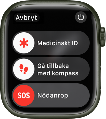 Skärmen på Apple Watch med tre skjutreglage: Medicinskt ID, Gå tillbaka och Nödsamtal. Överst till höger finns strömbrytaren.