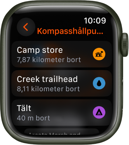 Appen Kompass visar en lista med hållpunkter.
