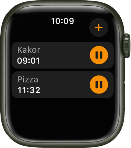 Två timers i appen Timers. En timer med namnet Kakor finns nära överkanten. Nedanför finns en timer med namnet Pizza. Återstående tid visas under namnet på varje timer och det finns pausknappar till höger om dem. En lägg till-knapp finns överst till höger.