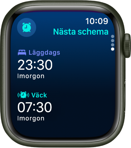 Appen Sömn på Apple Watch med kvällens sovschema. Överst visas tiden för läggdags och under det väckningstiden.