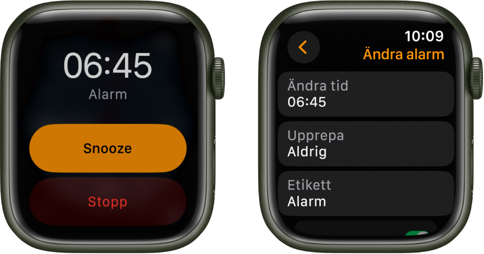 Två klockskärmar: Den ena visar en urtavla med snooze- och stoppknappar och den andra visar inställningarna för att ändra alarm med knapparna Ändra tid, Upprepa och Etikett nedanför. Längst ned finns ett snoozereglage.