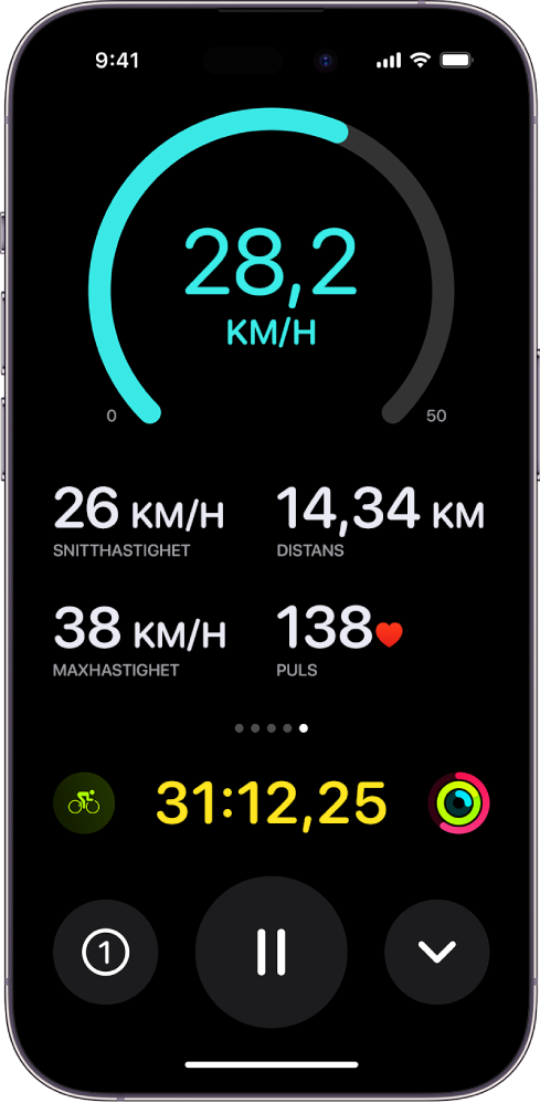 En pågående cykelträning visas som en liveaktivitet på iPhone och visar träningens hastighet, snitthastighet, avverkad distans, maxhastighet, puls och total förfluten tid.