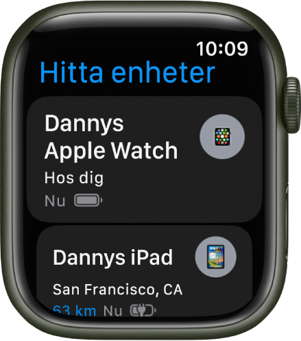 Appen Hitta enheter med två enheter – en Apple Watch och en iPad.