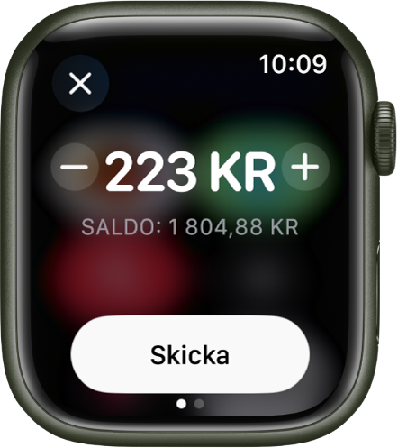 En skärm i Meddelanden som visar att en betalning med Apple Cash förbereds. Överst till höger visas ett belopp i dollar. Under det visas det nuvarande saldot och längst ned finns knappen Skicka.