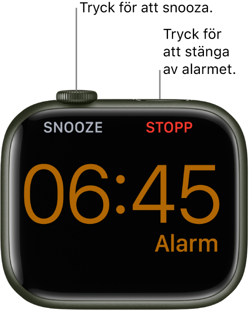 En Apple Watch som ligger på sidan med skärmen som visar ett alarm som har aktiverats. Under Digital Crown visas ordet Snooze. Ordet Stopp visas nedanför sidoknappen.