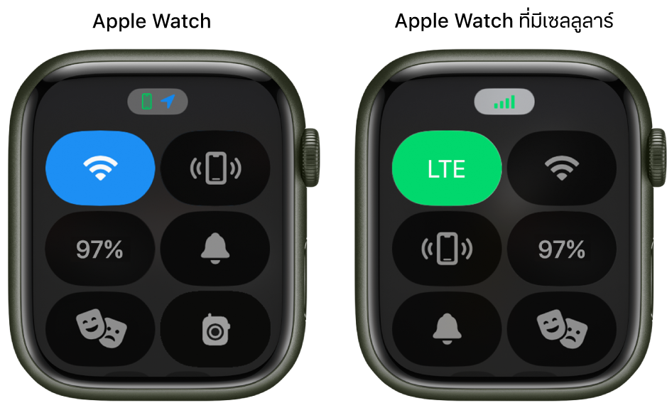 ศูนย์ควบคุมบนหน้าจอ Apple Watch สองหน้าจอ ทางด้านซ้าย Apple Watch รุ่น GPS แสดงปุ่ม Wi-Fi, ปุ่มส่งสัญญาณหา iPhone, ปุ่มแบตเตอรี่, ปุ่มโหมดปิดเสียง, ปุ่มโหมดโรงภาพยนตร์ และปุ่มวอล์คกี้ทอล์คกี้ ทางด้านซ้าย Apple Watch รุ่น GPS + Cellular แสดงปุ่มเซลลูลาร์, ปุ่ม Wi-Fi, ปุ่มส่งสัญญาณหา iPhone, ปุ่มแบตเตอรี่, ปุ่มโหมดปิดเสียง และปุ่มโหมดโรงภาพยนตร์
