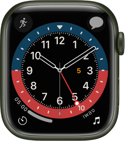 หน้าปัดนาฬิกา GMT ซึ่งคุณสามารถปรับเปลี่ยนสีของหน้าปัดได้ โดยแสดงกลไกหน้าปัดทั้งหมดสี่กลไก: ออกกำลังกายที่ด้านซ้ายบนสุด ข้อความที่ด้านขวาบนสุด นาฬิกานับถอยหลังที่ด้านซ้ายล่างสุด และเพลงที่ด้านขวาล่างสุด