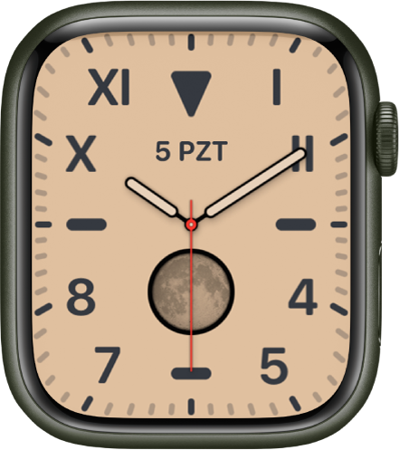 Kaliforniya saat kadranı, Latin ve Arap rakamlarının karışımını gösteriyor. Tarih ve Ay Evreleri komplikasyonu gösteriliyor.