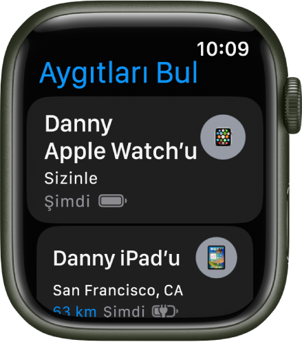 Aygıtları Bul uygulaması iki aygıtı gösteriyor: bir Apple Watch ve iPad.