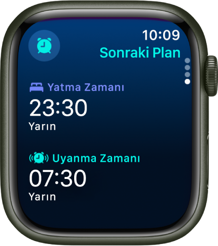 Apple Watch’ta gecenin uyku planını gösteren Uyku uygulaması. Yatma Zamanı üstte, Uyanma Zamanı onun altında.