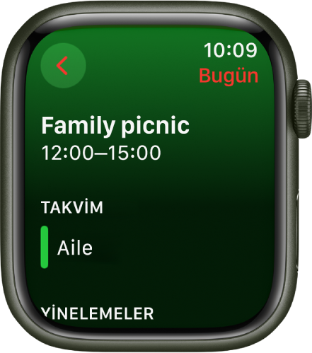 Takvim ekranı yeni bir etkinlik gösteriyor. Etkinliğin adı en üstte ve onun altında etkinlik saati var. Sağ üstte etkinlik tarihi bulunuyor. Takvim başlığının altında, etkinliğin ait olduğu takvimin adı var.