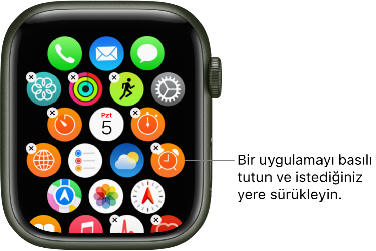 Izgara görüntüsündeki Apple Watch ana ekranı.
