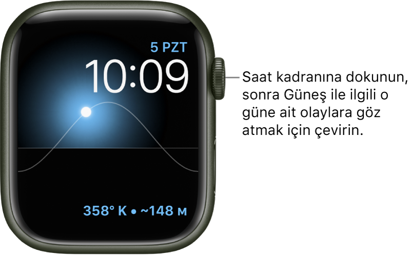 Solar Grafik saat kadranında gün, tarih, o anki saat görüntülenir ve bunları değiştiremezsiniz. Pusula İstikameti komplikasyonu sağ altta görünüyor. Saat kadranına dokunun, sonra Güneş’i gökyüzünde alacakaranlık, şafak, tepe, gün batımı ya da karanlık konumuna getirmek için Digital Crown’u çevirin.