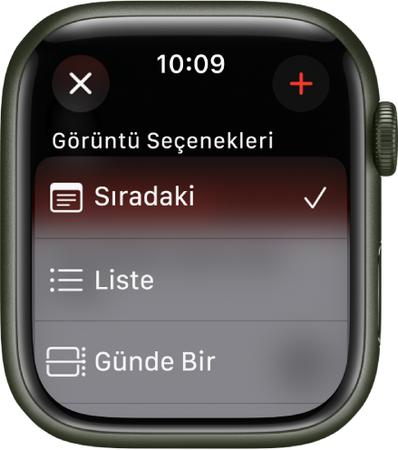 Görüntü seçeneklerini (Sıradaki, Liste ve Gün) gösteren Takvim ekranı. Ekle düğmesi sağ üstte.