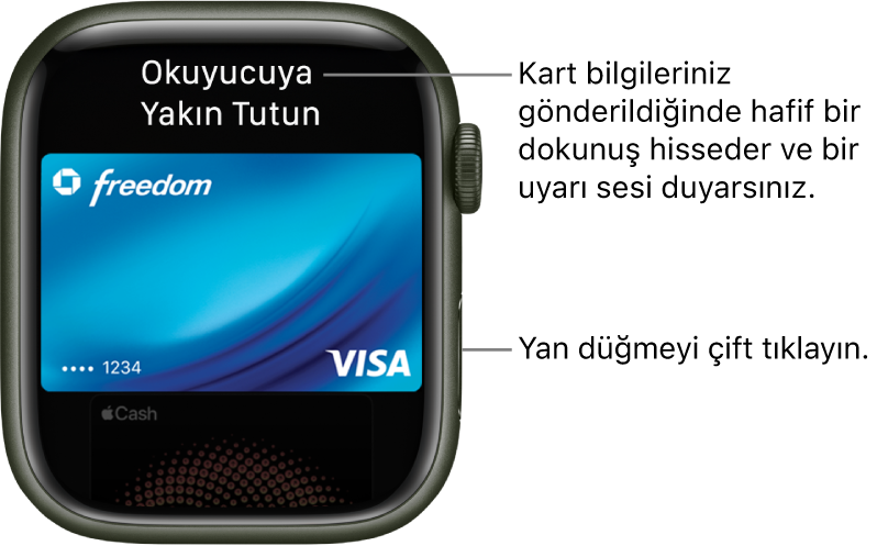 En üstte “Okuyucuya Yakın Tutun” ifadesini gösteren Apple Pay ekranı; kart bilgileriniz gönderildiğinde hafif bir dokunuş hisseder ve bir bip sesi duyarsınız.