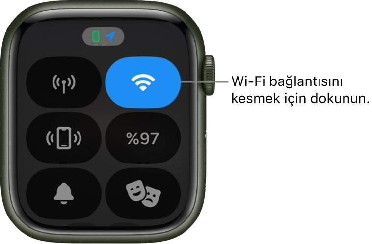 Wi-Fi düğmesi sağ üstte olmak üzere Apple Watch’taki (GPS + Cellular) Denetim Merkezi. Belirtme çizgisinde “Wi-Fi bağlantısını kesmek için dokunun” yazıyor.