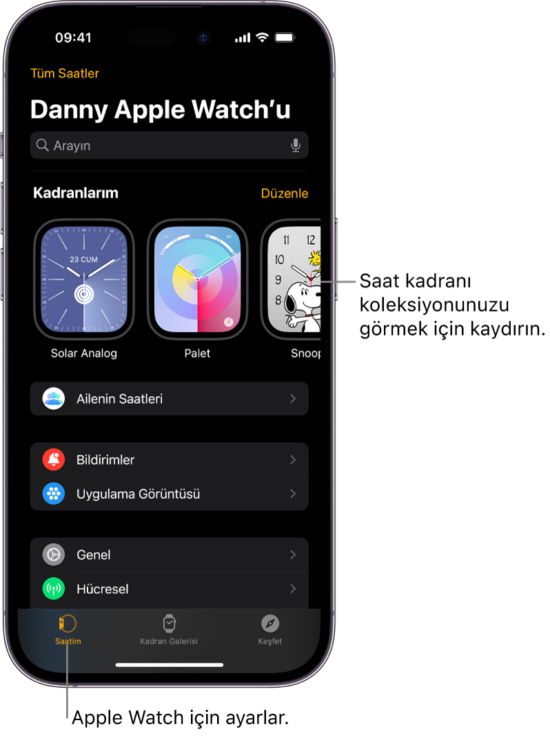 Üst tarafta saat kadranlarını ve altta ayarları gösteren Saatim ekranı açık olarak iPhone’daki Apple Watch uygulaması. Apple Watch uygulaması ekranının en altında üç sekme var: Soldaki sekme Apple Watch ayarlarını yapmak için gittiğiniz Saatim; yanındaki, kullanılabilir saat kadranlarını ve komplikasyonları keşfedebileceğiniz Kadran Galerisi ve diğeri, Apple Watch hakkında daha fazla bilgi edinebileceğiniz bir yer olan Keşfet sekmesi.