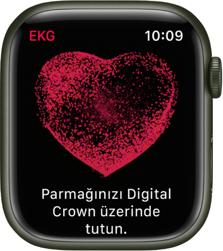 EKG uygulaması bir kalp görüntüsü ile “Parmağınızı Digital Crown üzerinde tutun” sözcüklerini gösteriyor.