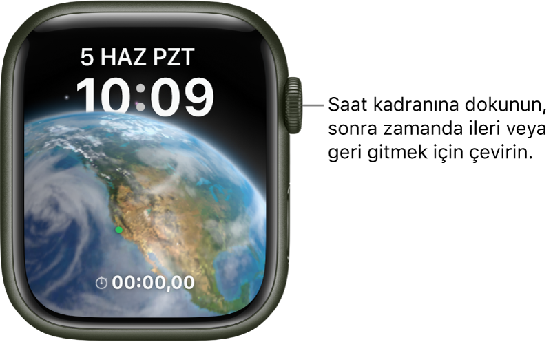 Günün, tarihin ve geçerli saatin görüntülendiği Astronomi saat kadranı. Sayaç komplikasyonu en alttadır. Saat kadranına dokunun, sonra zamanda ileri veya geri gitmek için Digital Crown’u çevirin.