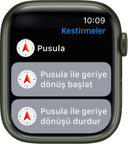Apple Watch’taki Kestirmeler uygulaması iki Pusula kestirmesi gösteriyor: Pusula ile Geriye Dönüş’ü Başlat ve Pusula ile Geriye Dönüş’ü Durdur.
