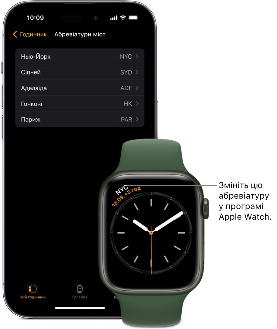 iPhone і Apple Watch один біля одного. На екрані Apple Watch відображається час у Нью-Йорку (NYC). На екрані iPhone показано список міст у параметрах програми «Годинник» у програмі Apple Watch.